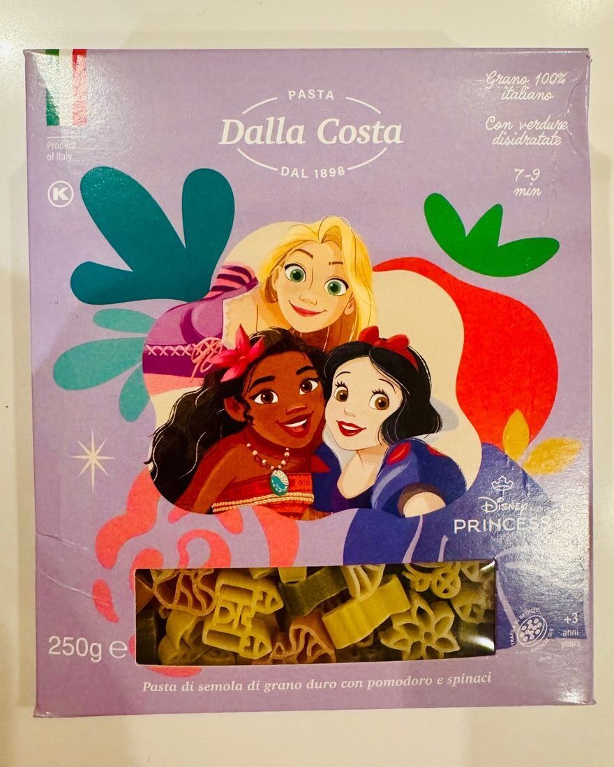 A box of Dalla Costa Disney Princess pasta, with a window showing castle, carriage and flower shapes