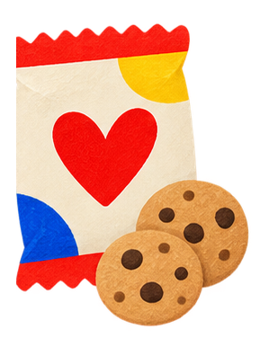A colourful treat bag with two biscuits
