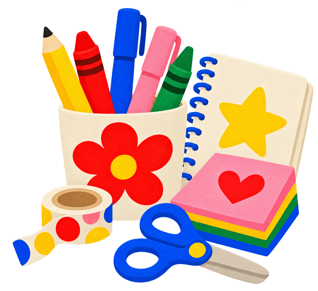 Children's stationery with pencils, crayons, notebook, sticky notes, tape and scissors