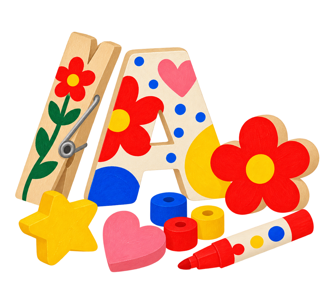 Wooden craft pieces, beads, a decorated peg and a colourful marker for children to make with