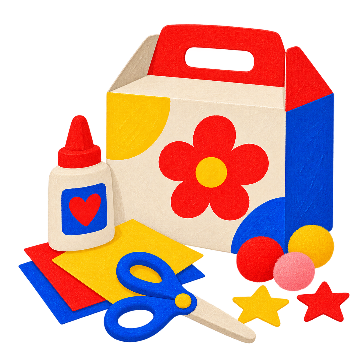 A colourful mini craft kit with pom-poms and scissors