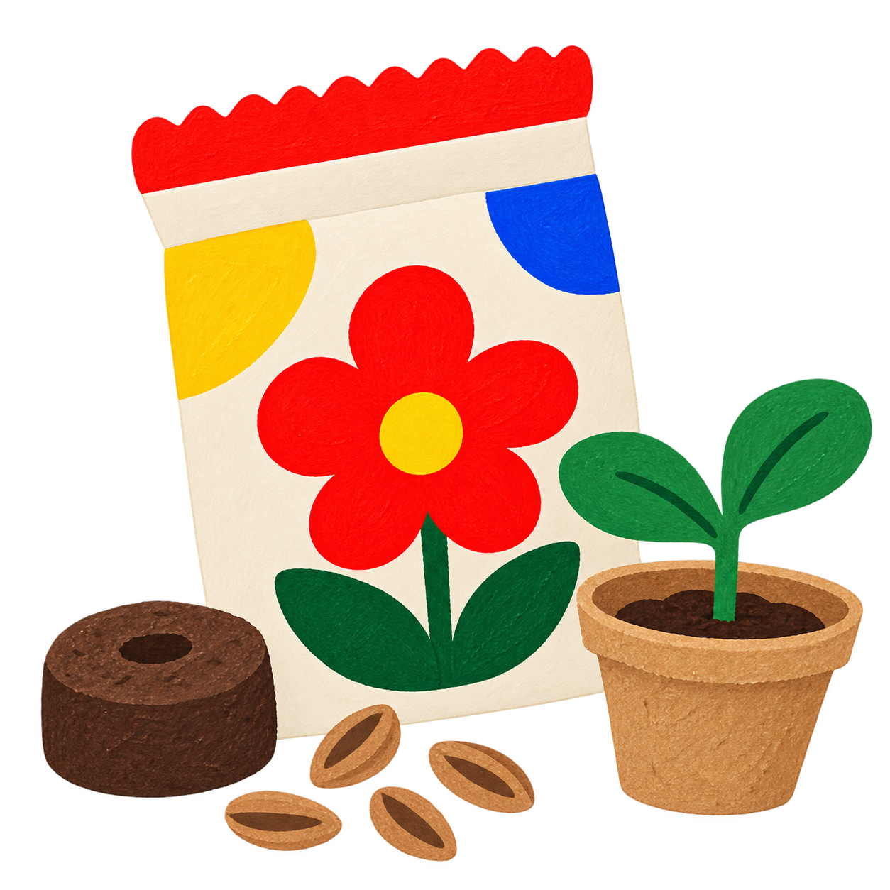 A flower seed packet, green sprout and loose seeds