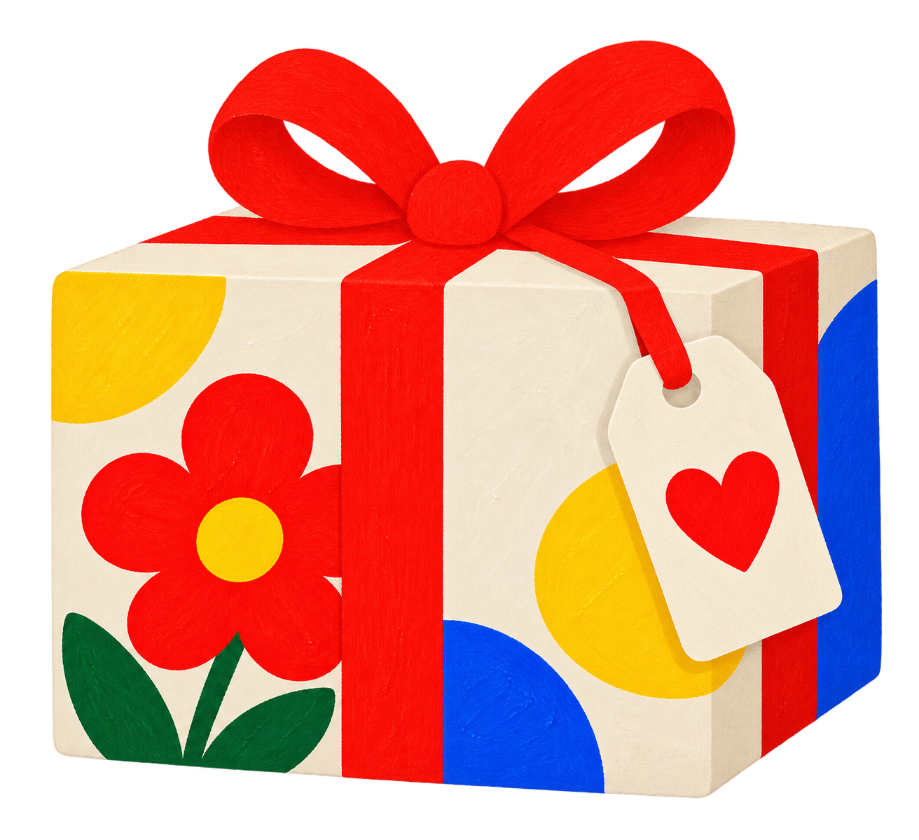 One colourful wrapped gift with a red bow