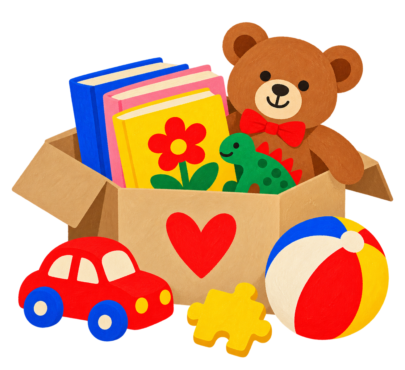 Pre-loved children's books, teddy bear, toy dinosaur, car, ball and puzzle in a cardboard box